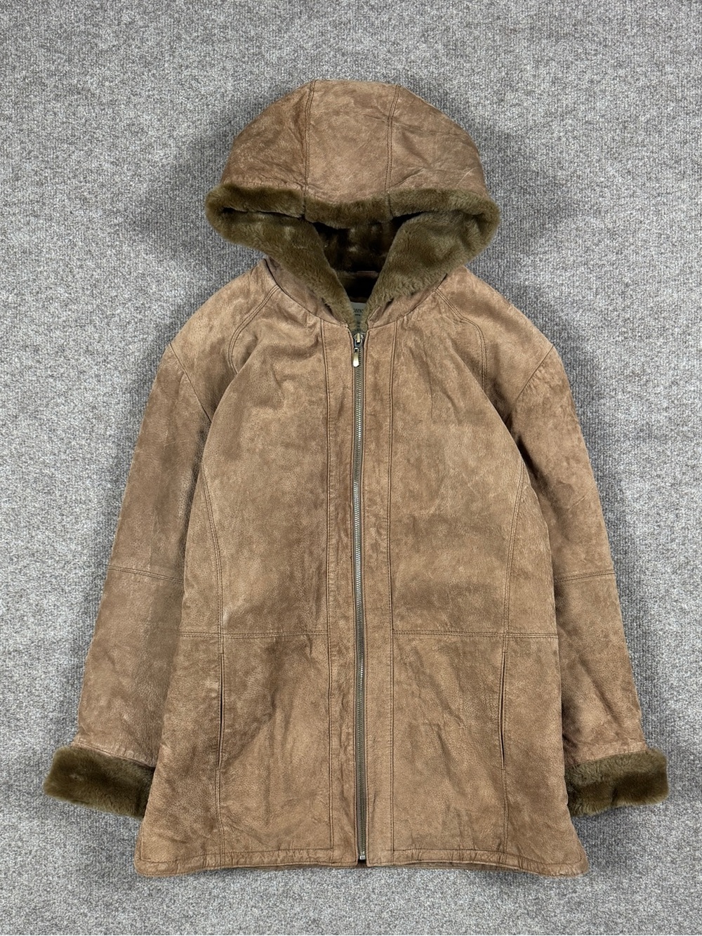 St. John’s Bay Brown Suede Leather Zip Up Hooded Jacket Women’s L Faux Fur Lined